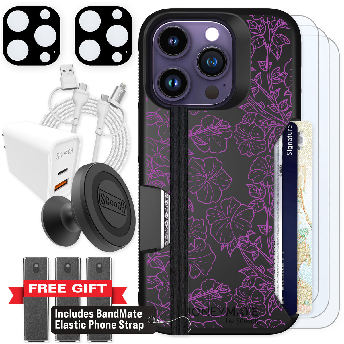 Scooch Moneymate Purple Petunias for iPhone 14 Pro — Ultimate Bundle