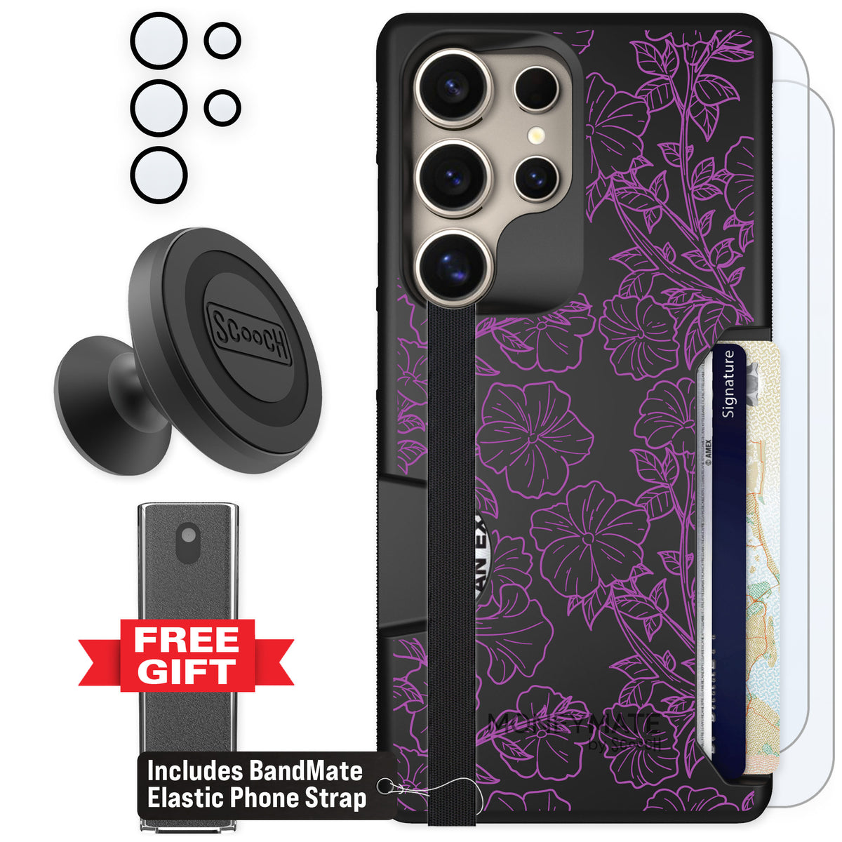 Scooch Moneymate Purple Petunias for Galaxy S25 Ultra — Defender Bundle