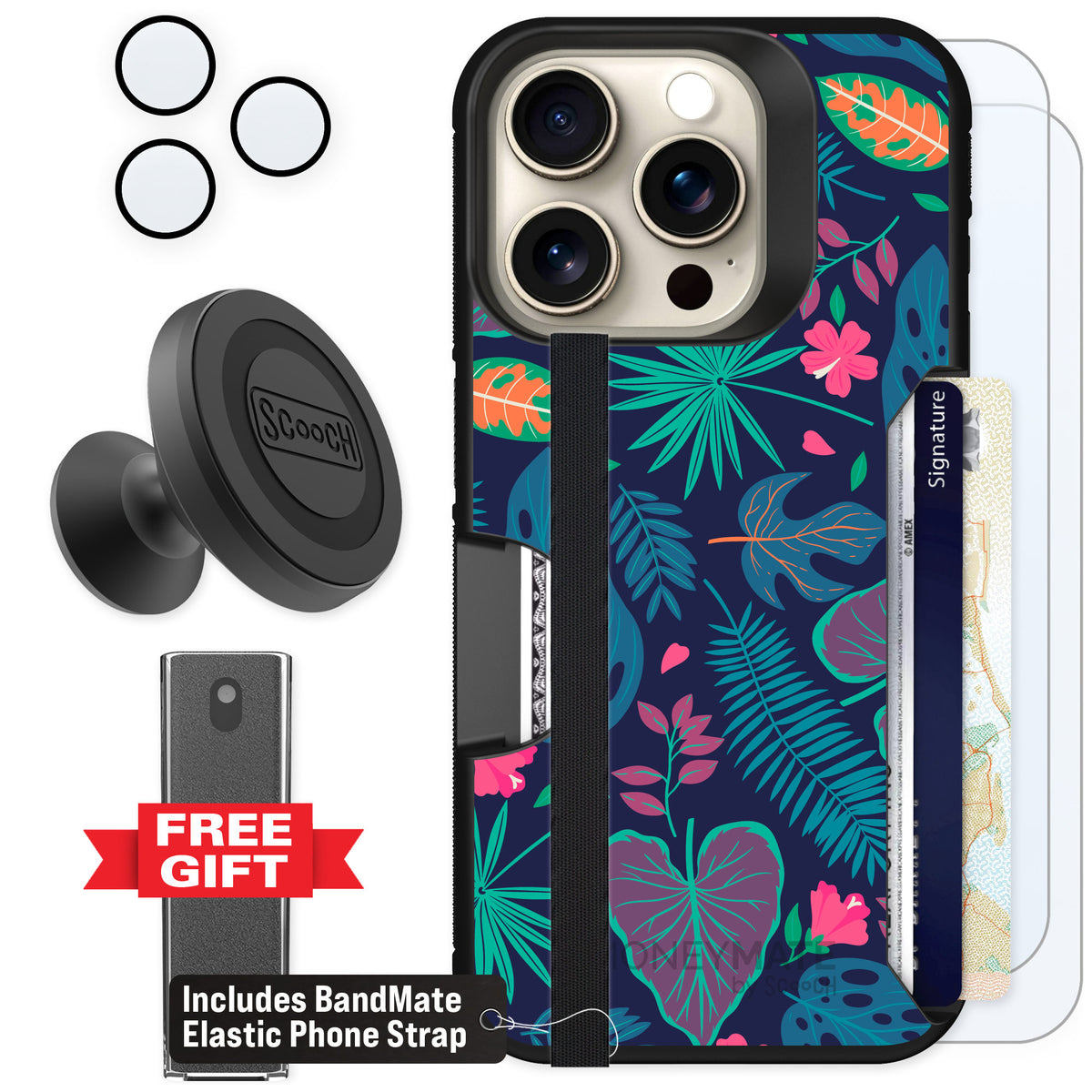 Scooch Moneymate Tropical Leaves for iPhone 15 Pro — Defender Bundle