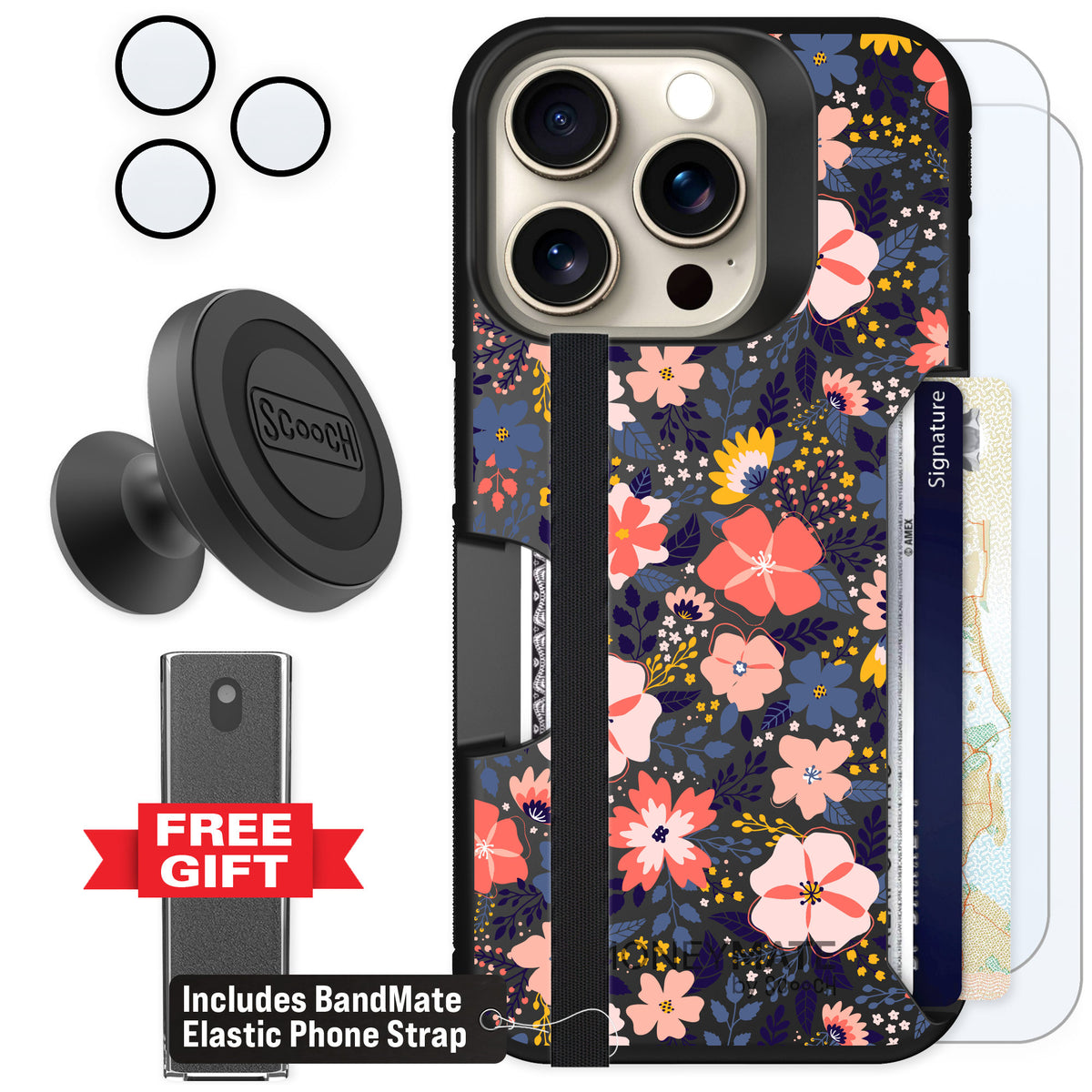 Scooch Moneymate Wildflowers for iPhone 15 Pro — Defender Bundle