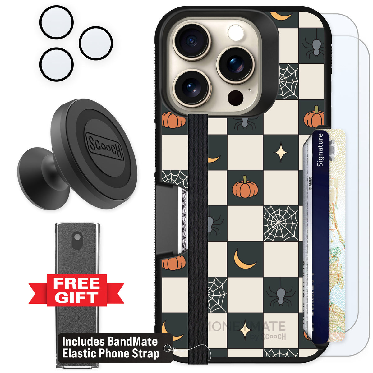 Scooch Moneymate Spooky Squares for iPhone 15 Pro — Defender Bundle