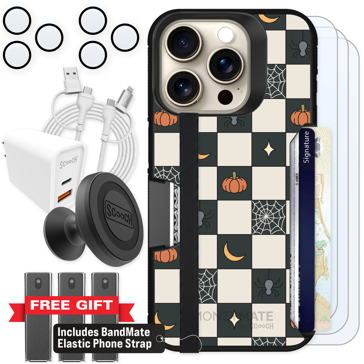 Scooch Moneymate Spooky Squares for iPhone 15 Pro — Ultimate Bundle