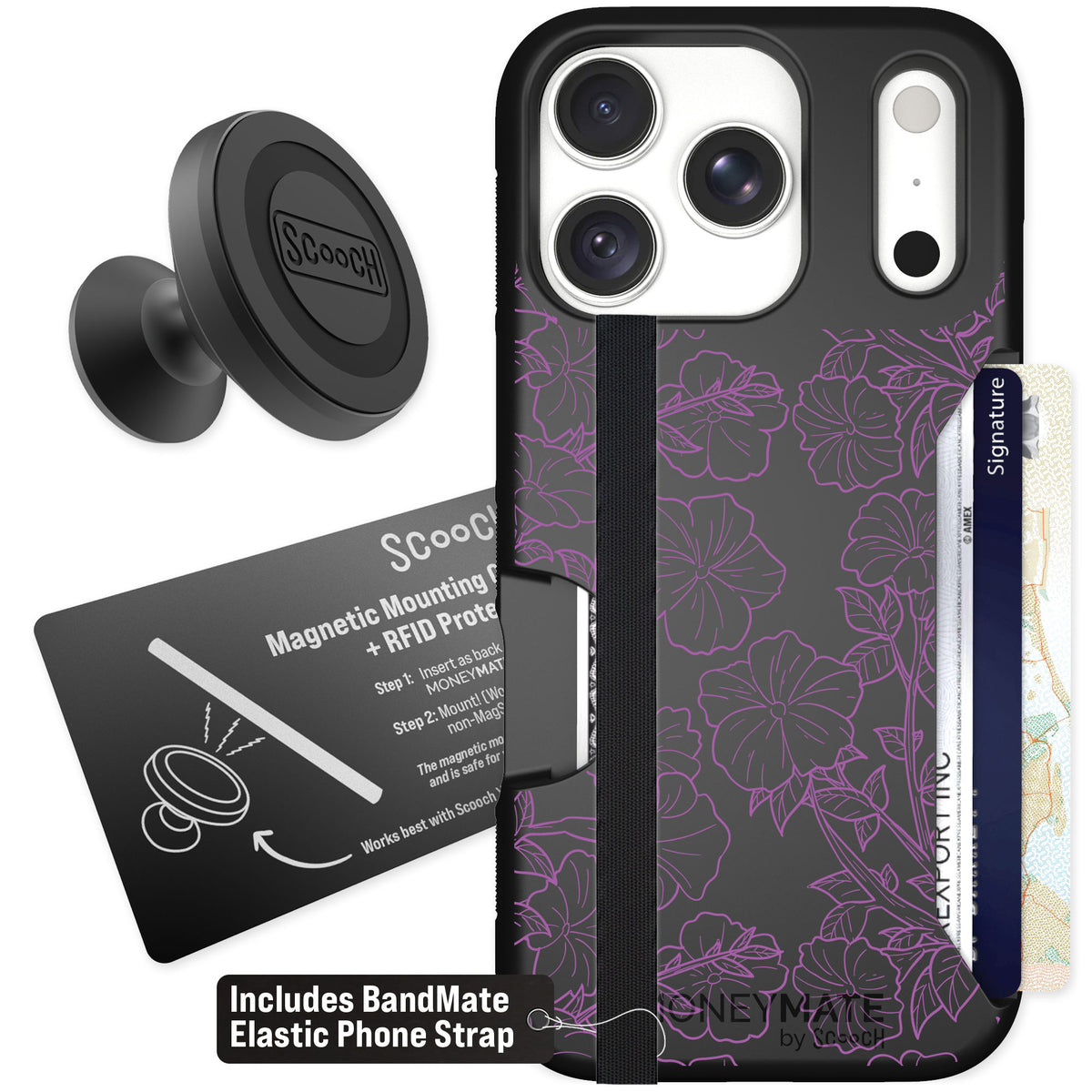 Scooch Moneymate Purple Petunias for iPhone 18 Pro — Starter Bundle