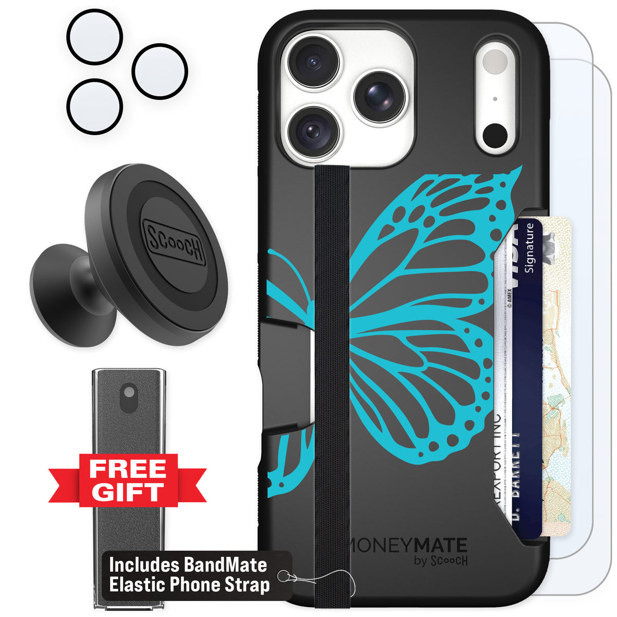 Scooch Moneymate Azure Butterfly for iPhone 18 Pro Max — Defender Bundle