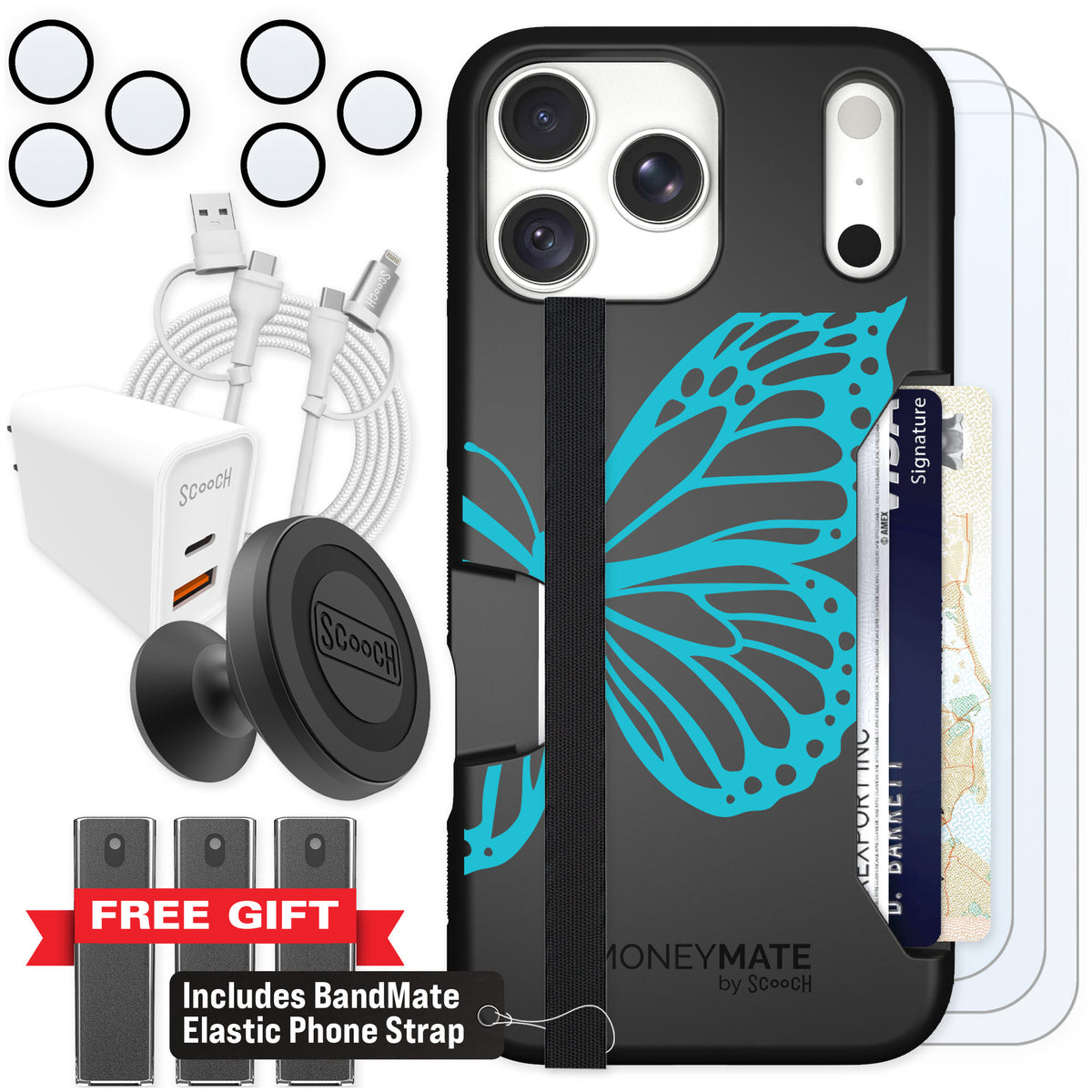 Scooch Moneymate Azure Butterfly for iPhone 18 Pro Max — Ultimate Bundle