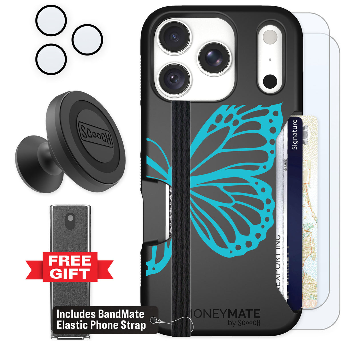 Scooch Moneymate Azure Butterfly for iPhone 18 Pro — Defender Bundle