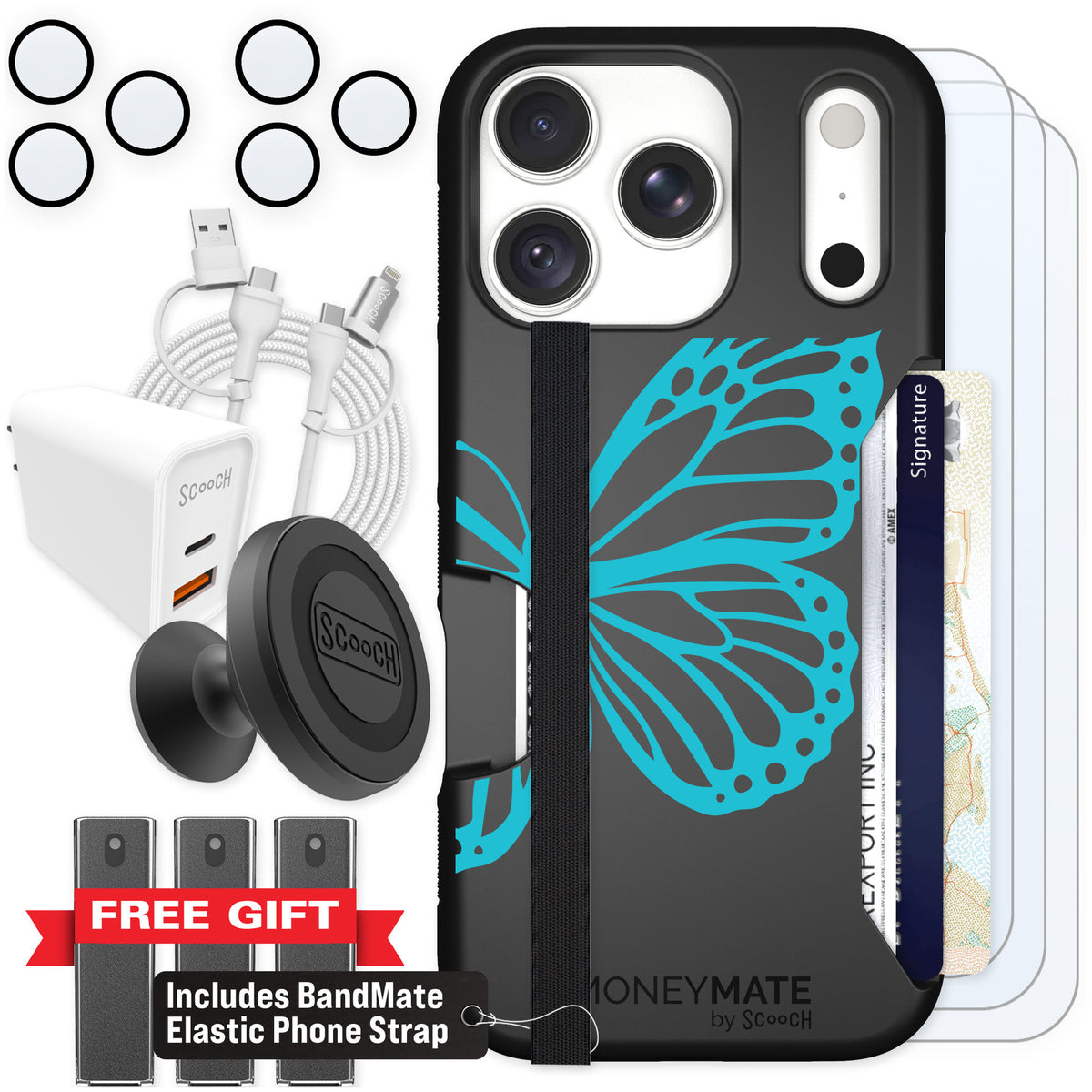 Scooch Moneymate Azure Butterfly for iPhone 18 Pro — Ultimate Bundle