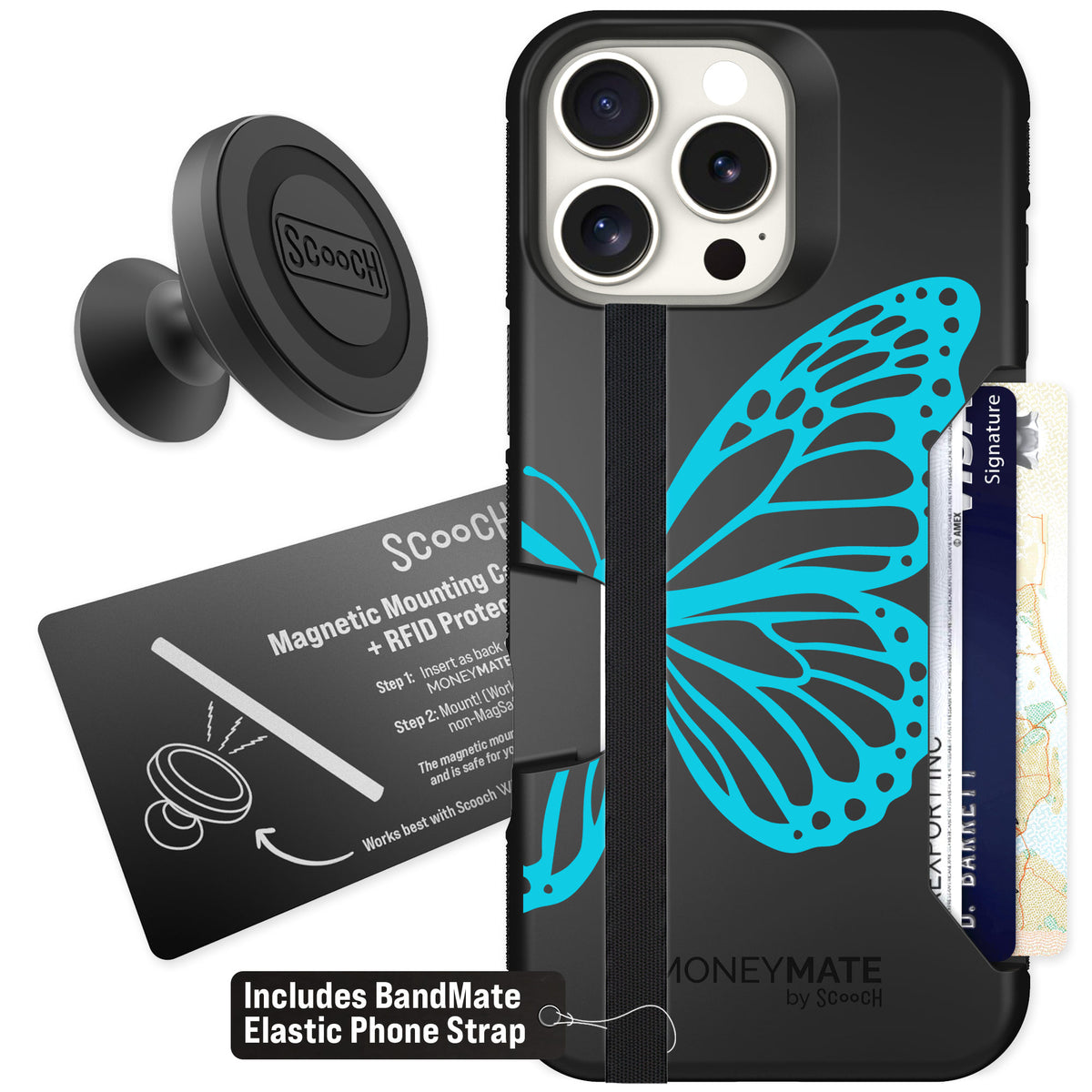 Scooch Moneymate Azure Butterfly for iPhone 16 Pro Max — Starter Bundle
