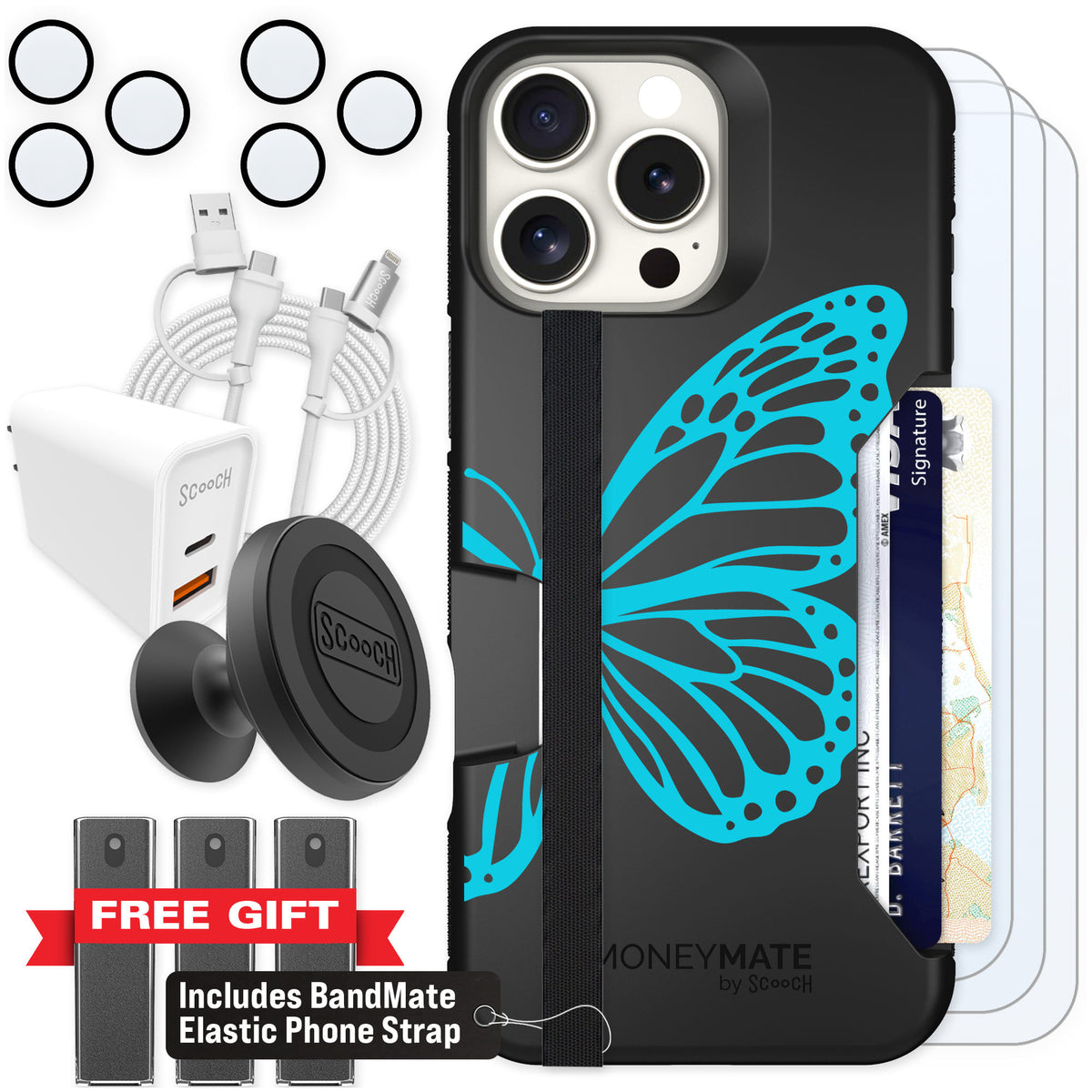 Scooch Moneymate Azure Butterfly for iPhone 16 Pro Max — Ultimate Bundle