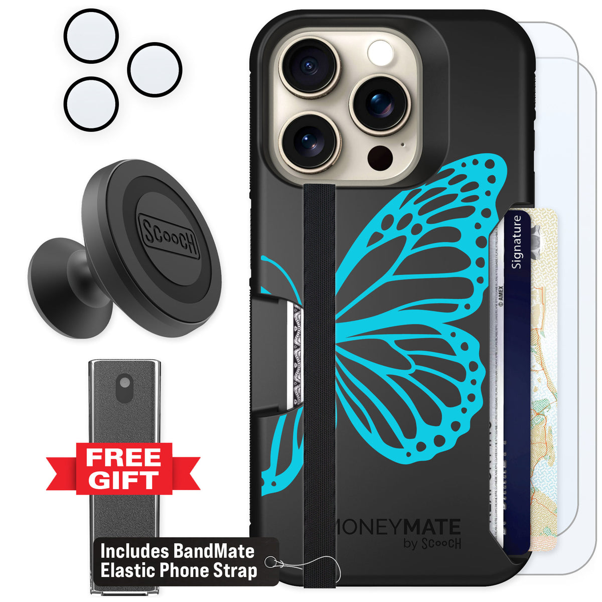 Scooch Moneymate Azure Butterfly for iPhone 15 Pro — Defender Bundle