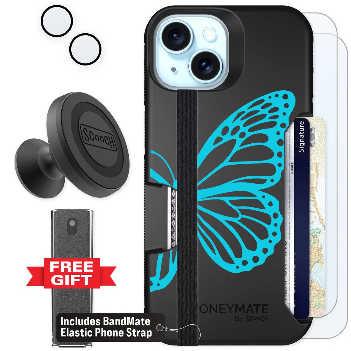 Scooch Moneymate Azure Butterfly for iPhone 15 — Defender Bundle