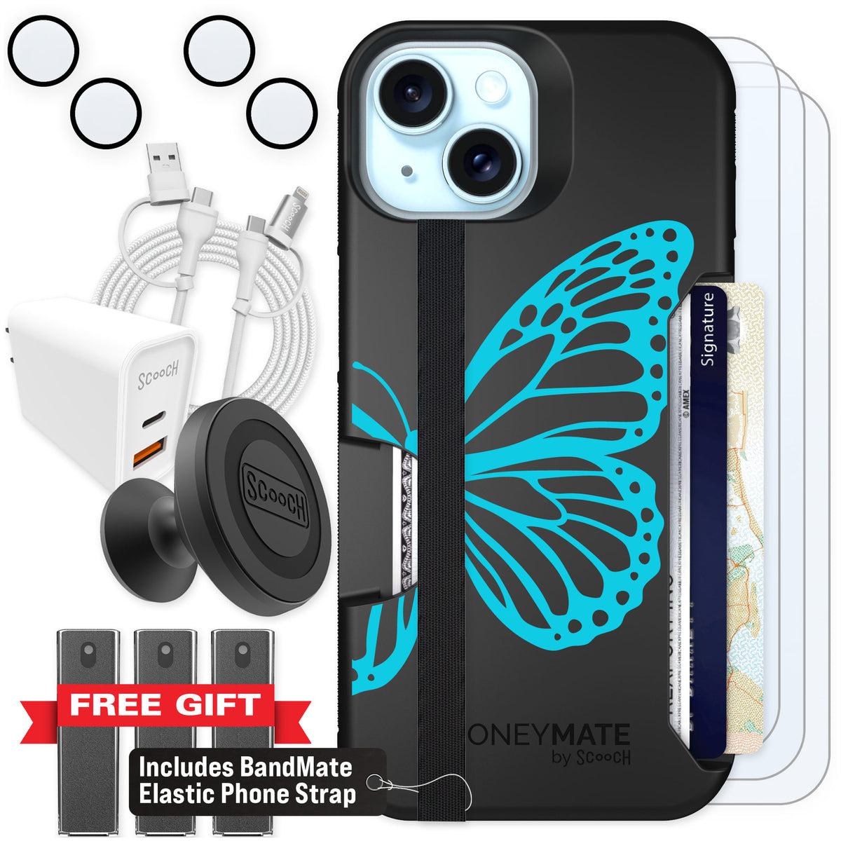 Scooch Moneymate Azure Butterfly for iPhone 15 — Ultimate Bundle