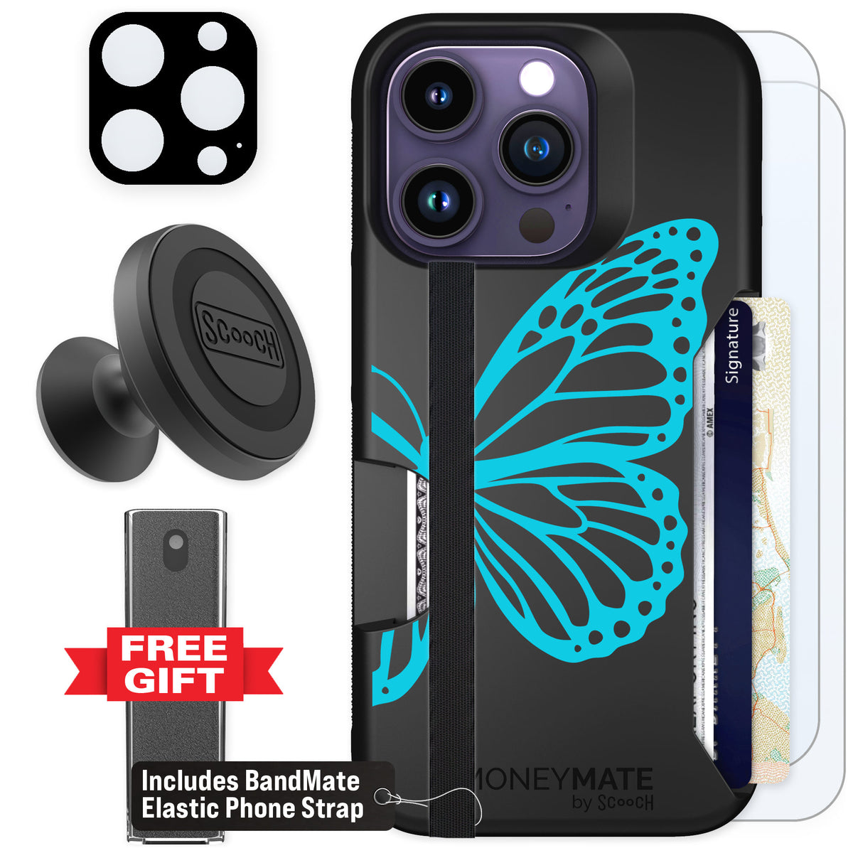 Scooch Moneymate Azure Butterfly for iPhone 14 Pro — Defender Bundle