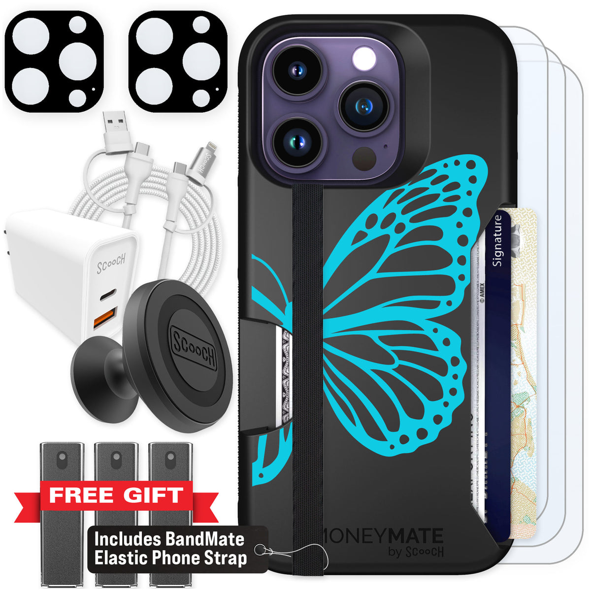 Scooch Moneymate Azure Butterfly for iPhone 14 Pro — Ultimate Bundle