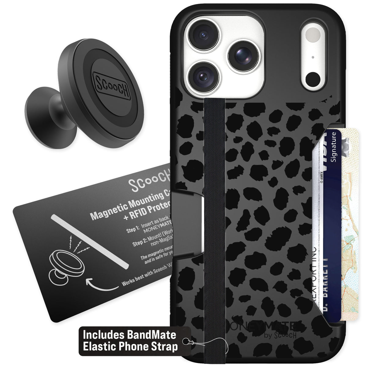 Scooch Moneymate Black Leopard for iPhone 18 Pro Max — Starter Bundle
