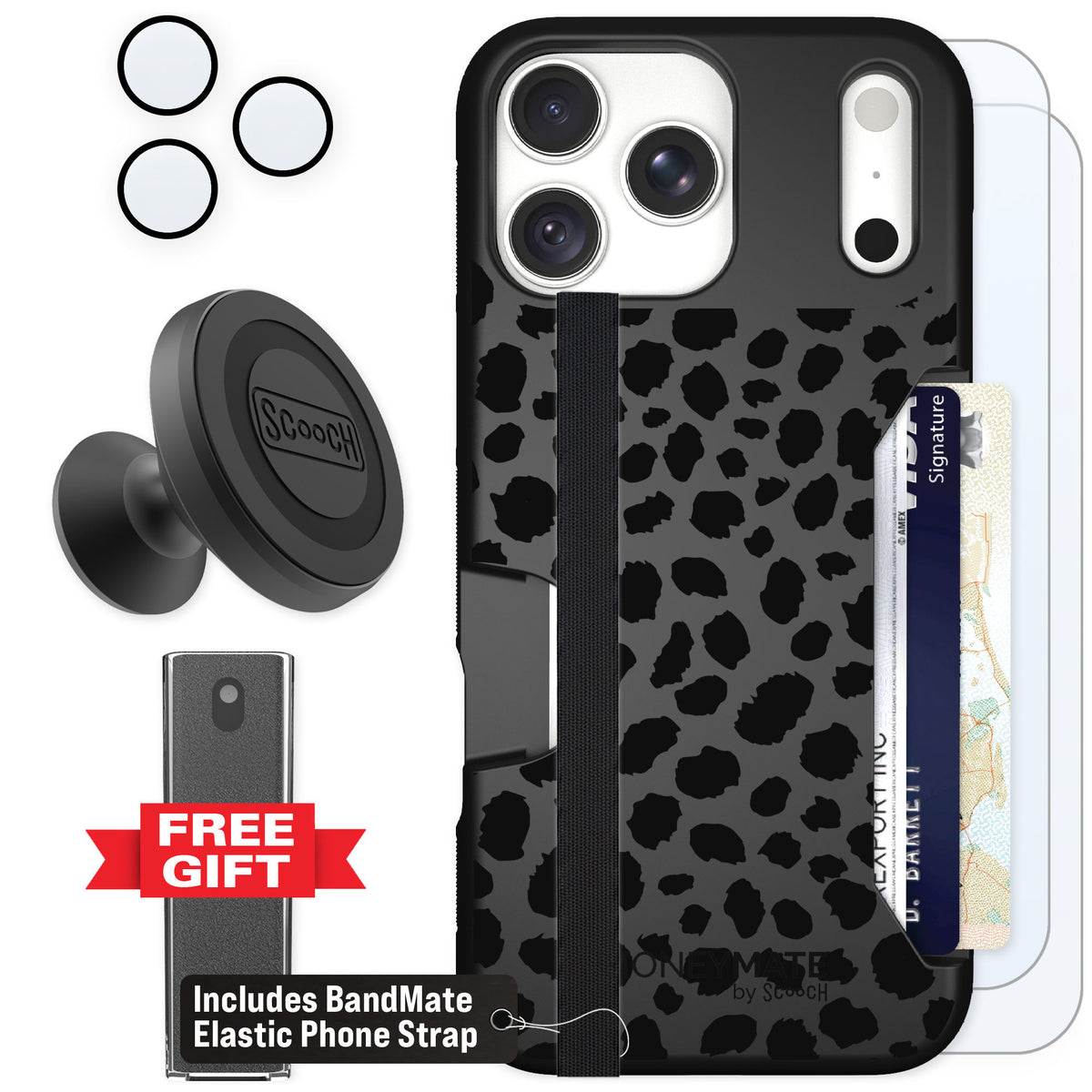 Scooch Moneymate Black Leopard for iPhone 18 Pro Max — Defender Bundle