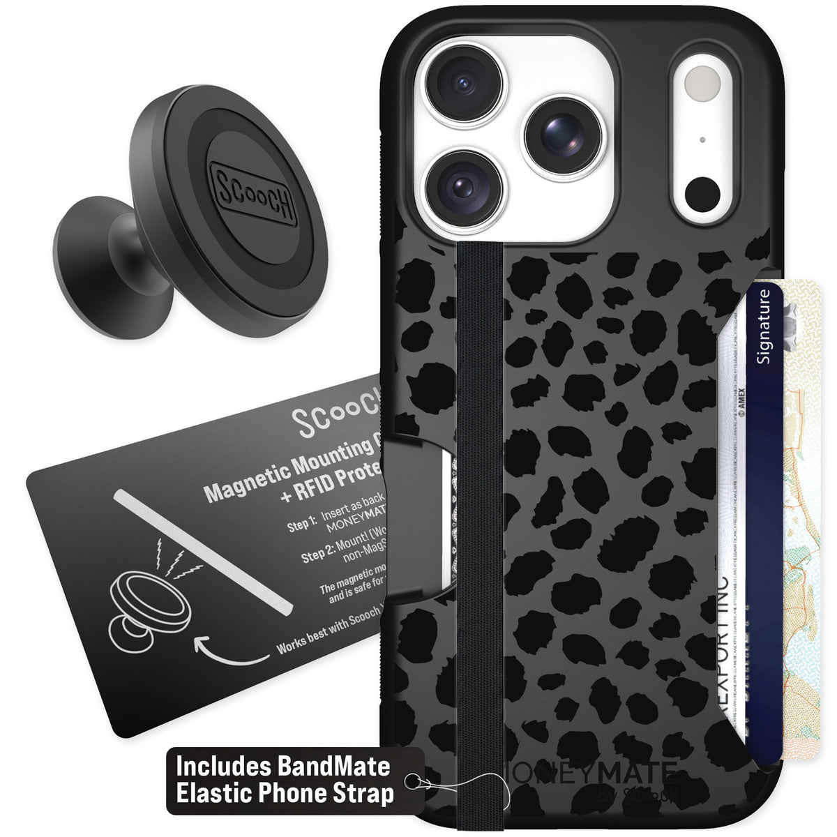 Scooch Moneymate Black Leopard for iPhone 18 Pro — Starter Bundle