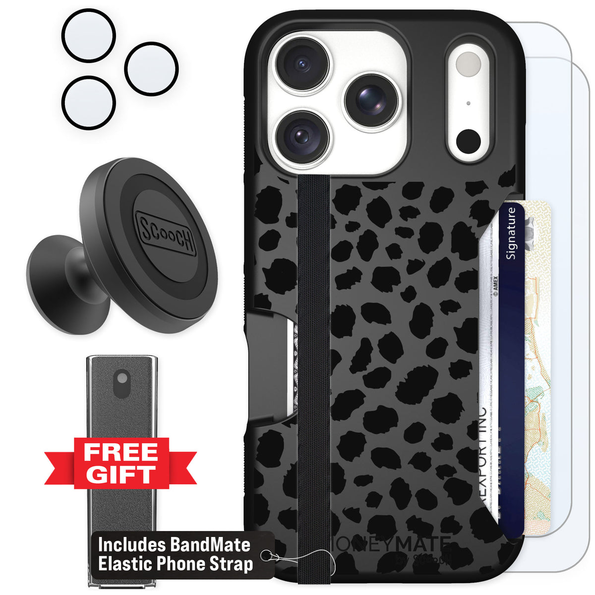 Scooch Moneymate Black Leopard for iPhone 18 Pro — Defender Bundle