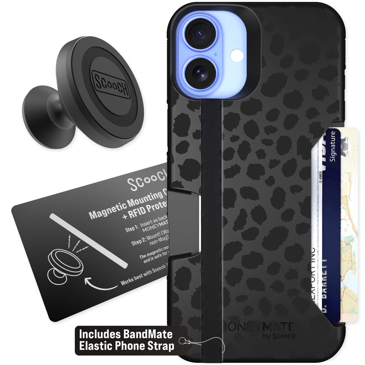 Scooch Moneymate Black Leopard for iPhone 16 Plus — Starter Bundle