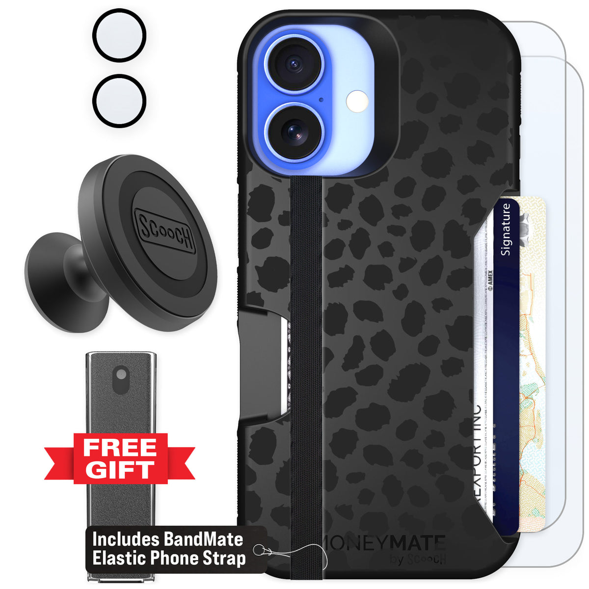 Scooch Moneymate Black Leopard for iPhone 16 — Defender Bundle