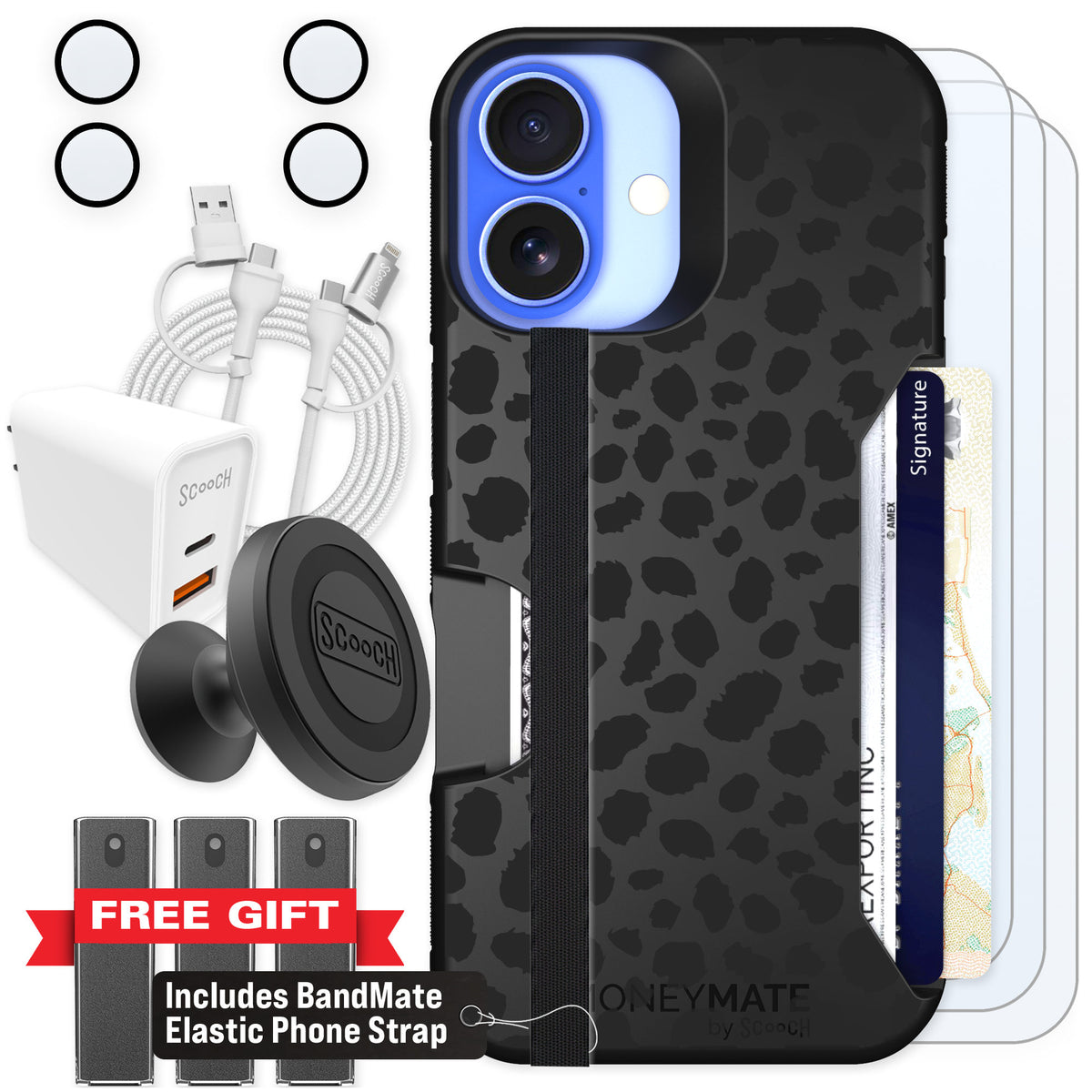 Scooch Moneymate Black Leopard for iPhone 16 — Ultimate Bundle