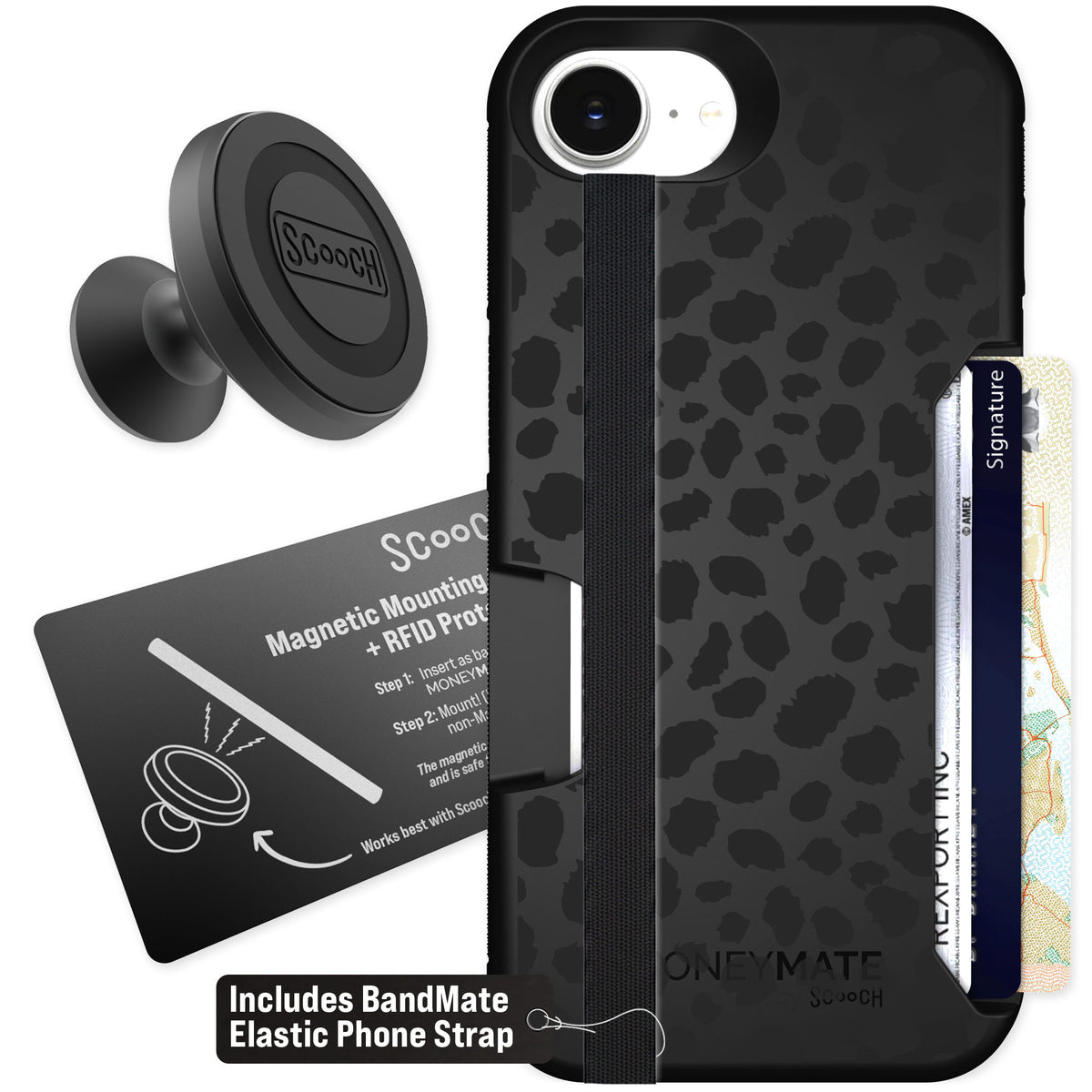 Scooch Moneymate Black Leopard for iPhone 16e — Starter Bundle