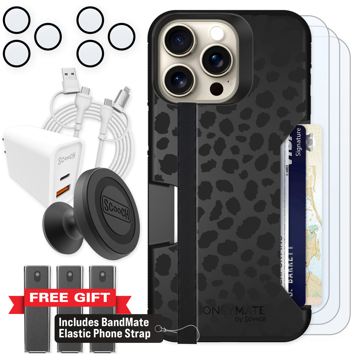 Scooch Moneymate Black Leopard for iPhone 15 Pro Max — Ultimate Bundle