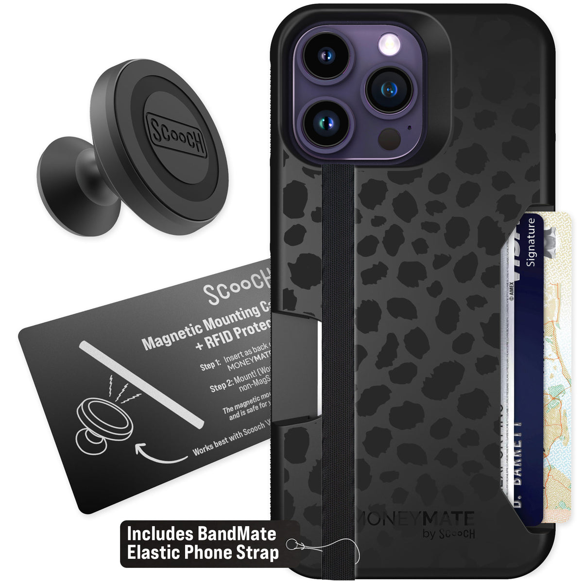 Scooch Moneymate Black Leopard for iPhone 14 Pro Max — Starter Bundle