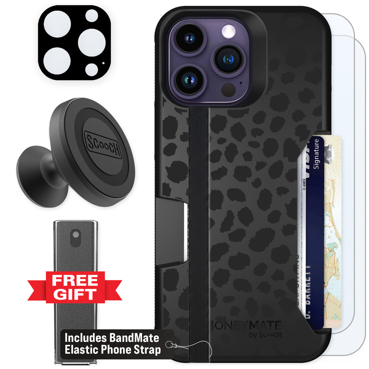 Scooch Moneymate Black Leopard for iPhone 14 Pro Max — Defender Bundle