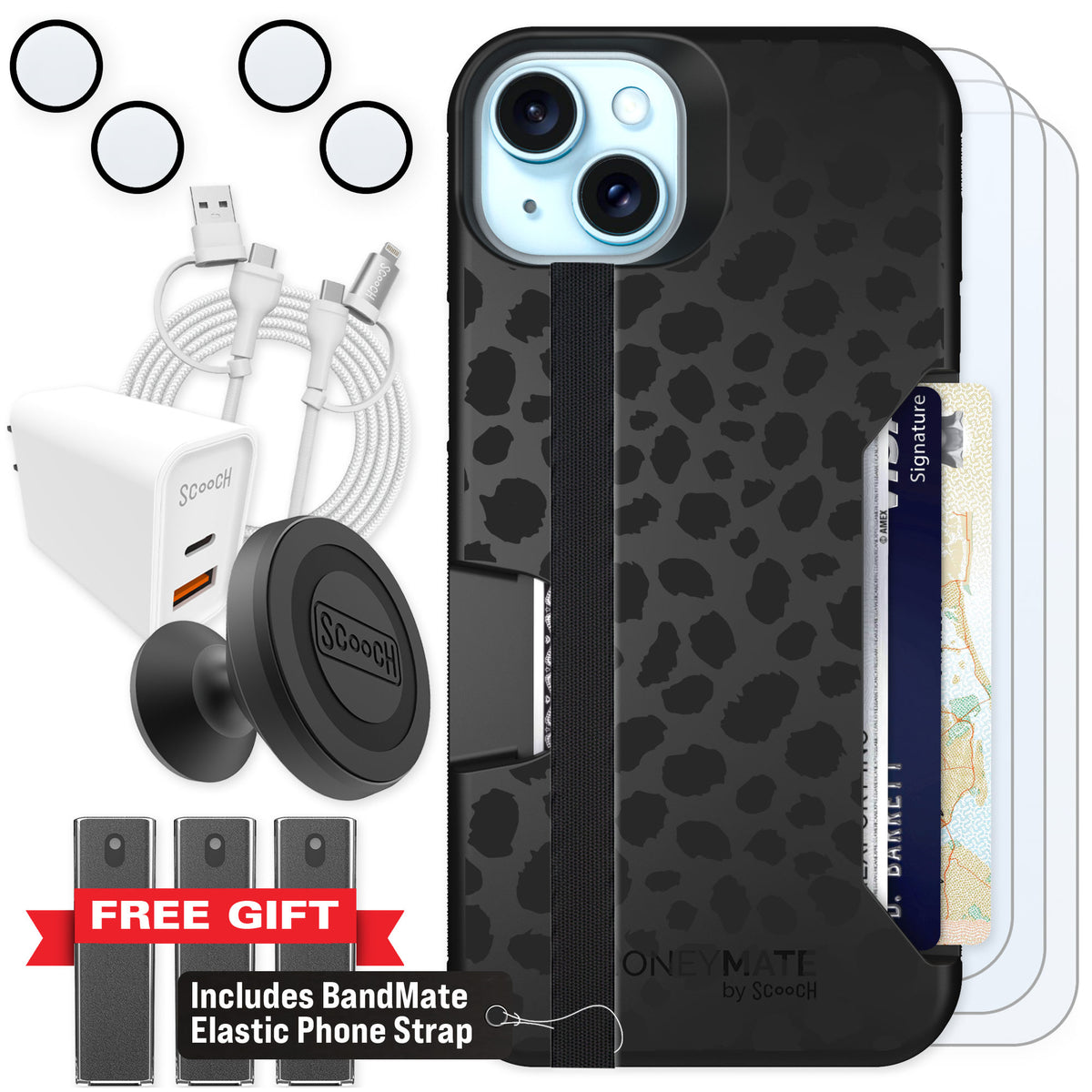Scooch Moneymate Black Leopard for iPhone 14 Plus — Ultimate Bundle