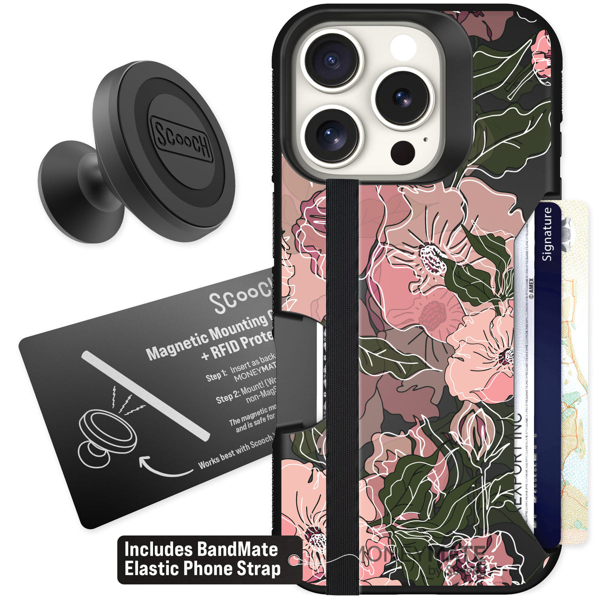Scooch Moneymate Blush Botanical for iPhone 16 Pro — Starter Bundle
