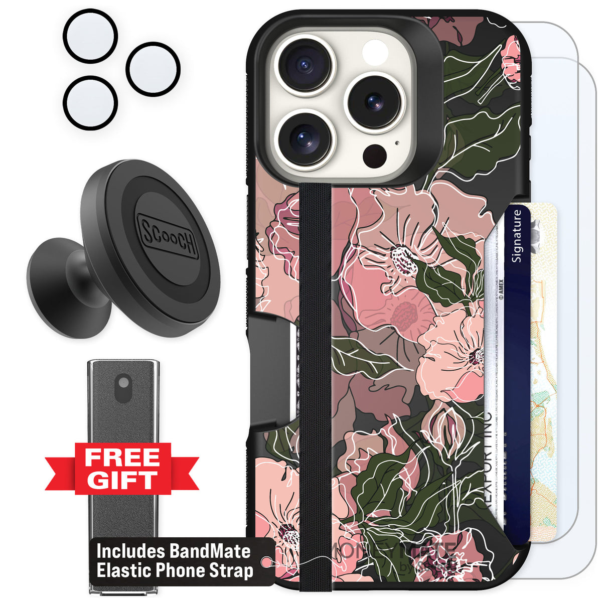 Scooch Moneymate Blush Botanical for iPhone 16 Pro — Defender Bundle