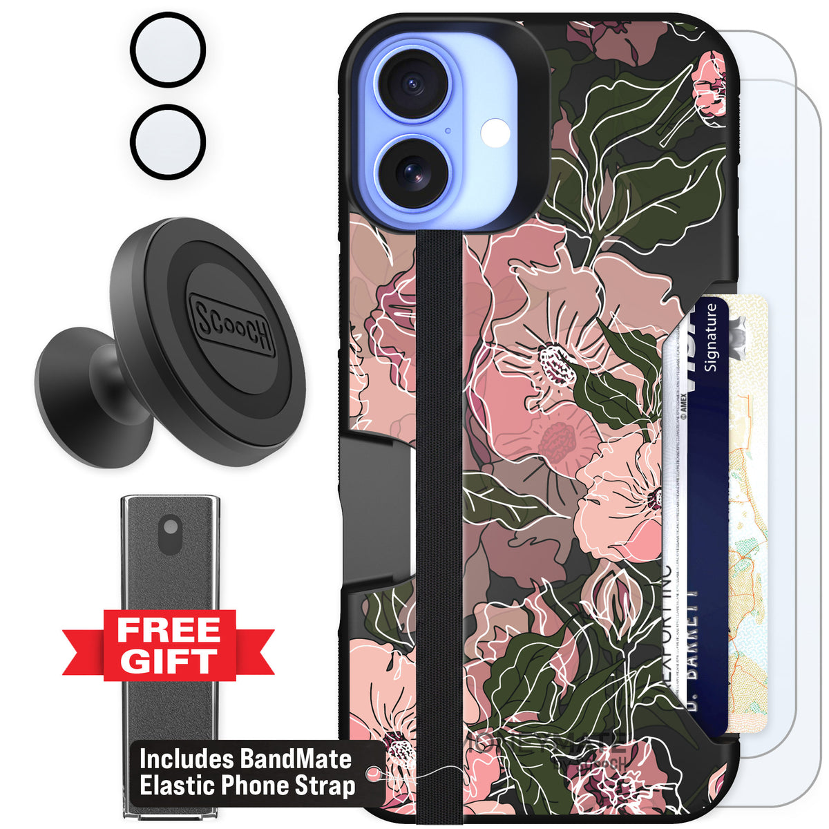 Scooch Moneymate Blush Botanical for iPhone 16 Plus — Defender Bundle
