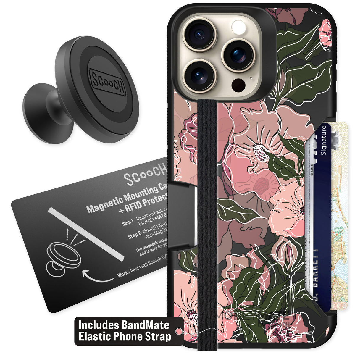 Scooch Moneymate Blush Botanical for iPhone 15 Pro Max — Starter Bundle