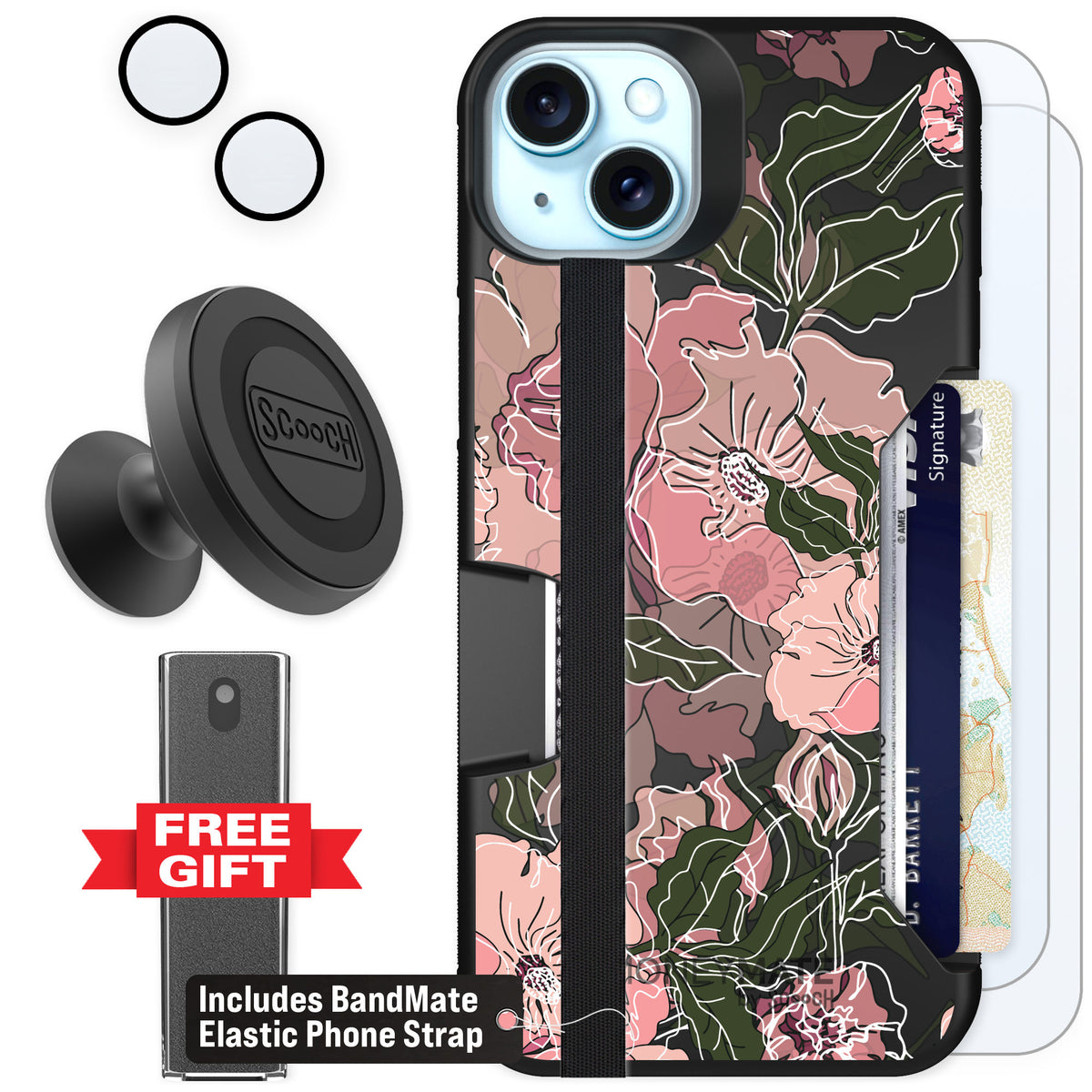 Scooch Moneymate Blush Botanical for iPhone 15 Plus — Defender Bundle