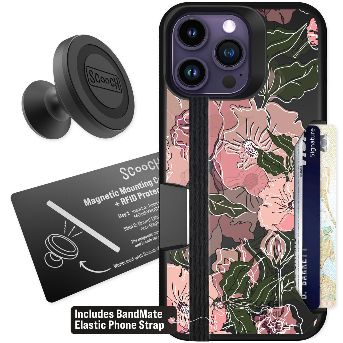 Scooch Moneymate Blush Botanical for iPhone 14 Pro Max — Starter Bundle