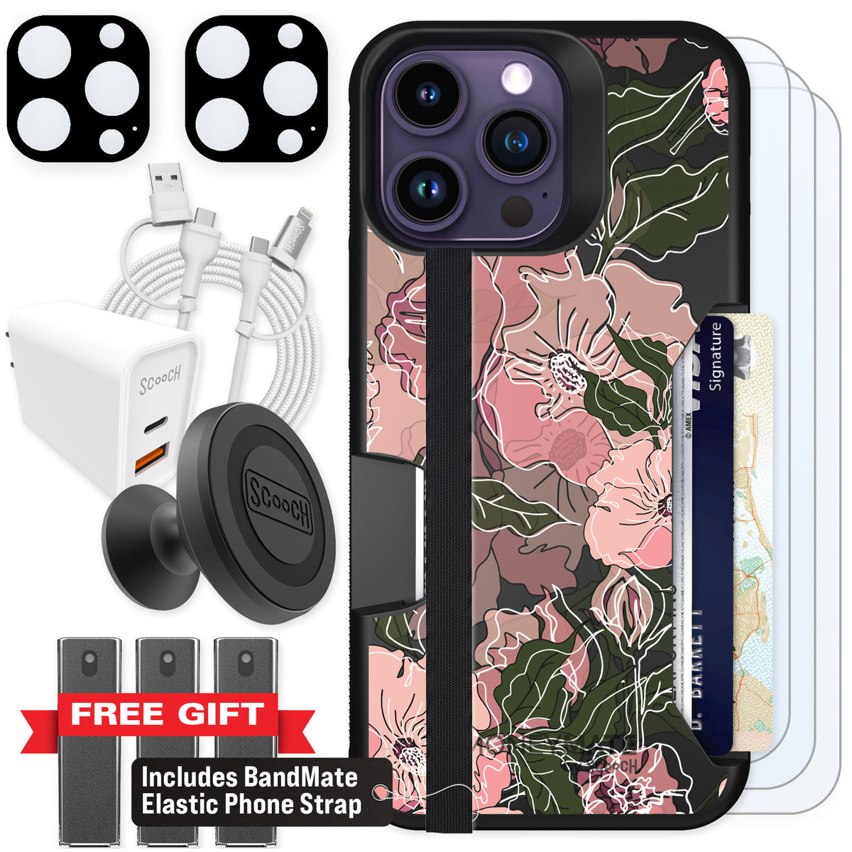 Scooch Moneymate Blush Botanical for iPhone 14 Pro Max — Ultimate Bundle