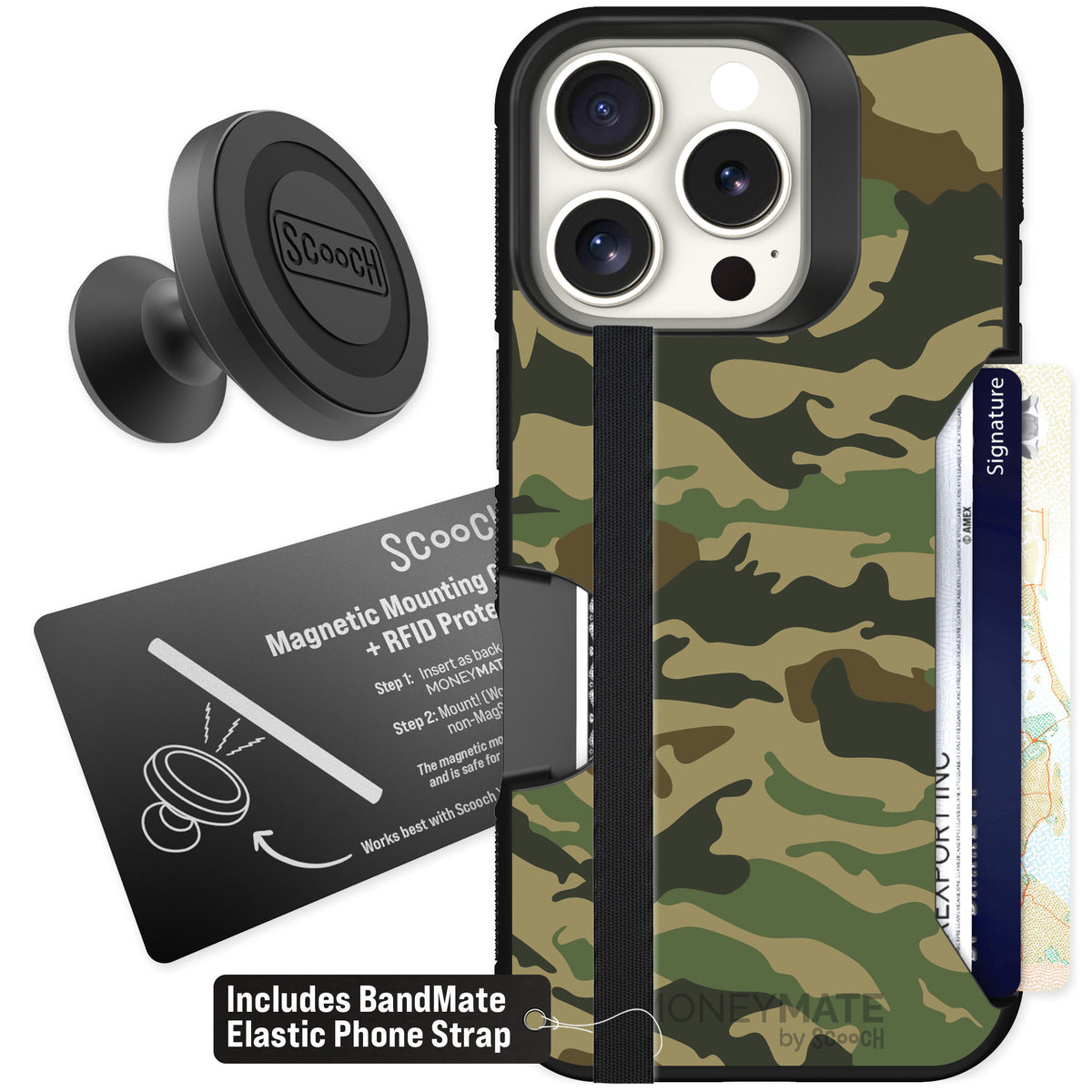Scooch Moneymate Classic Camo for iPhone 16 Pro — Starter Bundle