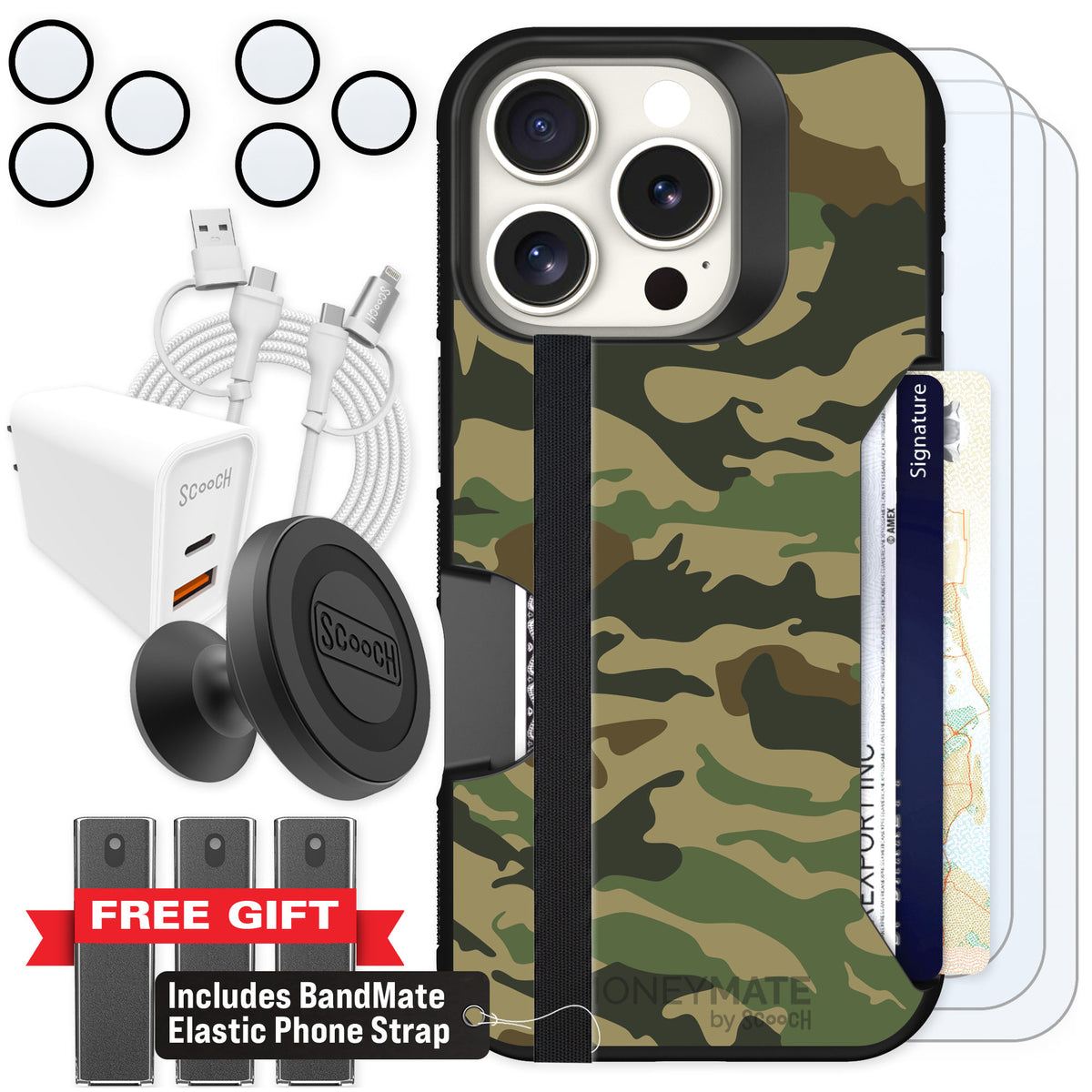 Scooch Moneymate Classic Camo for iPhone 16 Pro — Ultimate Bundle