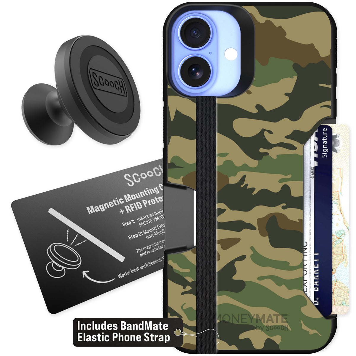 Scooch Moneymate Classic Camo for iPhone 16 Plus — Starter Bundle