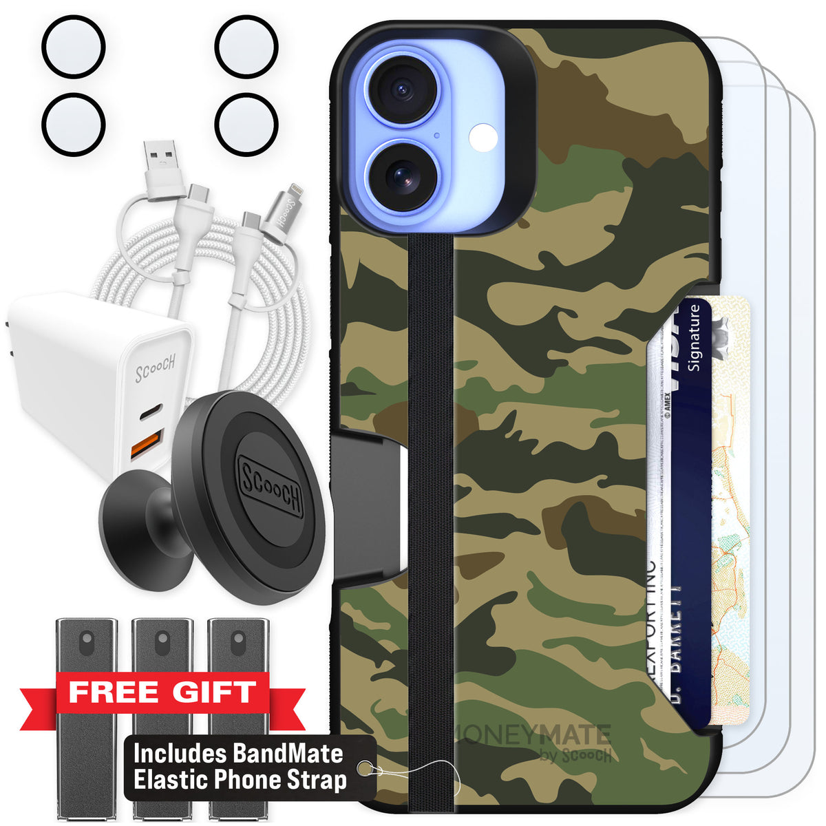Scooch Moneymate Classic Camo for iPhone 16 Plus — Ultimate Bundle