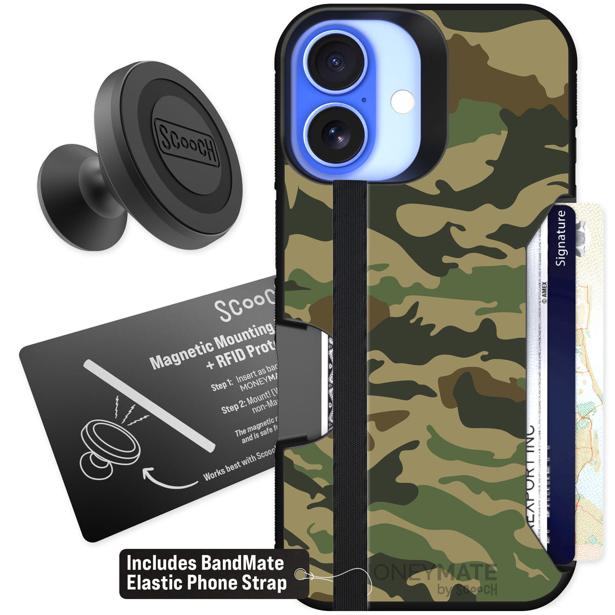 Scooch Moneymate Classic Camo for iPhone 16 — Starter Bundle