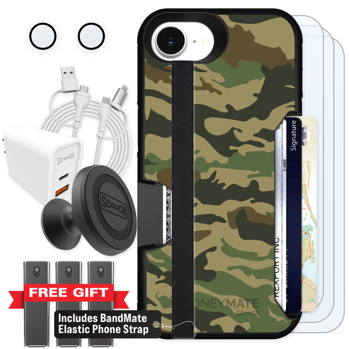 Scooch Moneymate Classic Camo for iPhone 16e — Ultimate Bundle