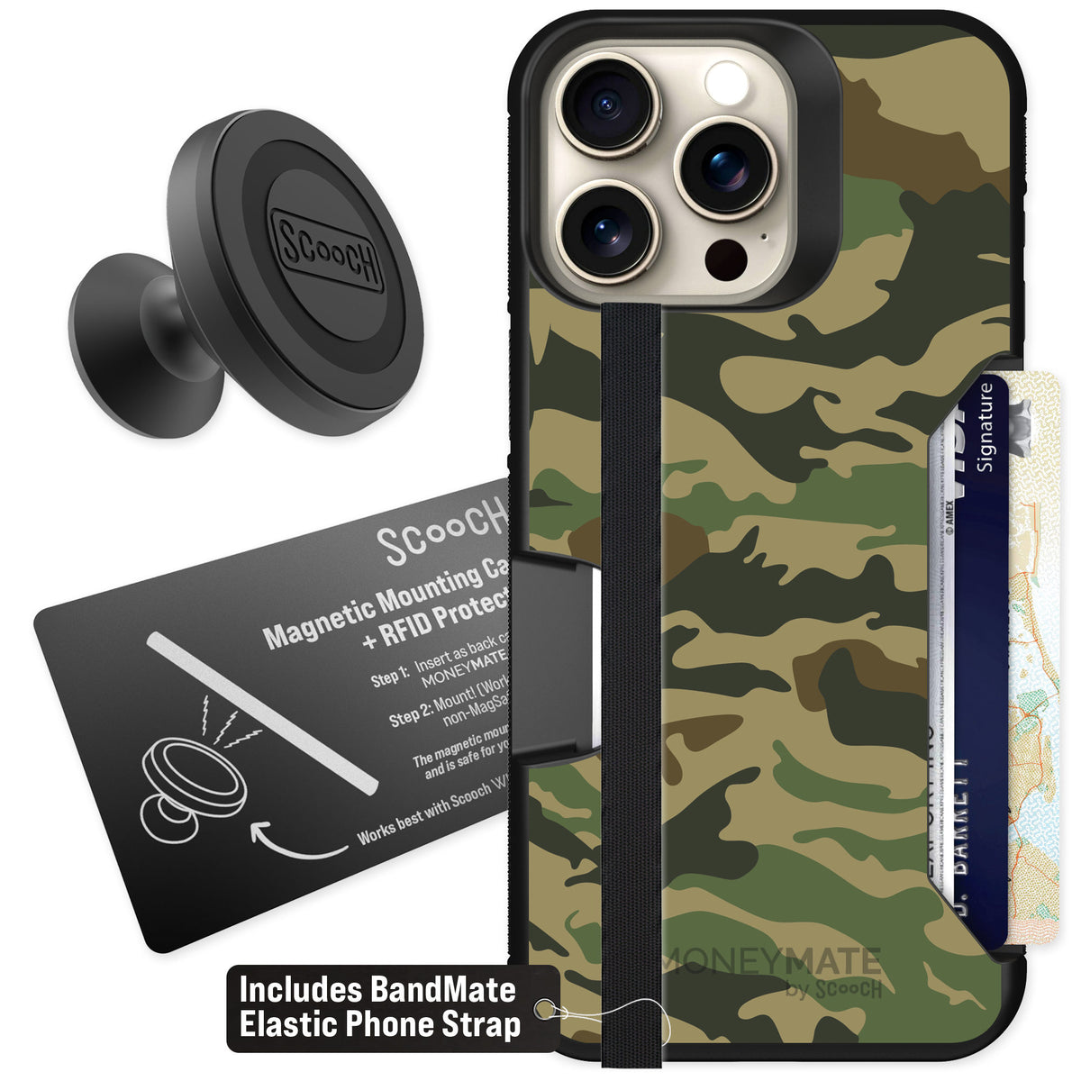Scooch Moneymate Classic Camo for iPhone 15 Pro Max — Starter Bundle