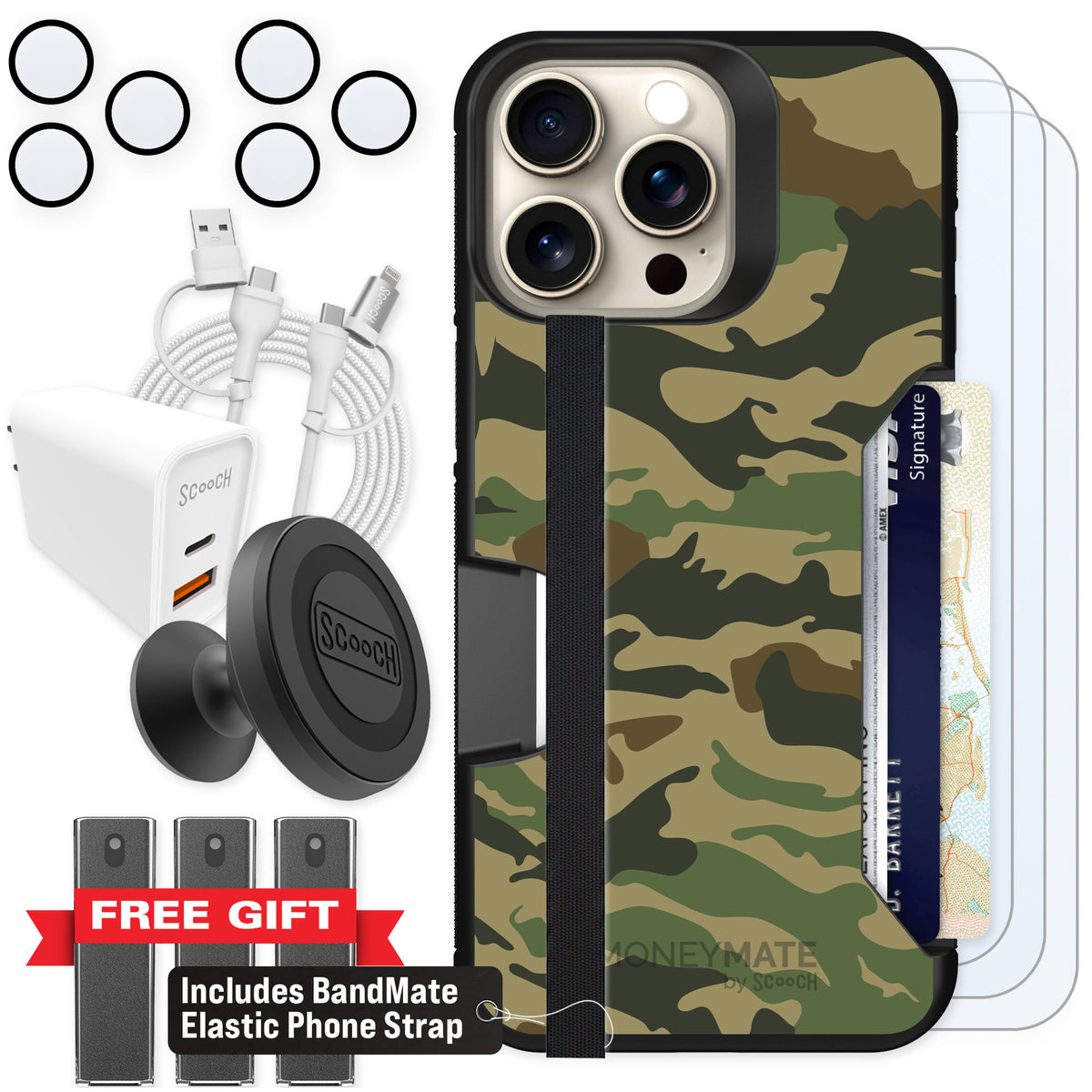 Scooch Moneymate Classic Camo for iPhone 15 Pro Max — Ultimate Bundle