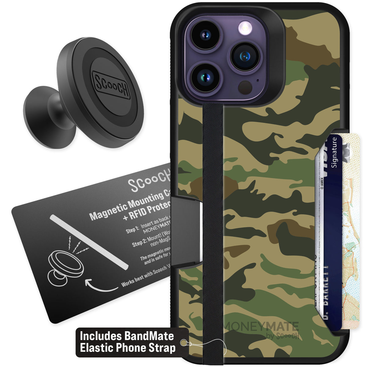 Scooch Moneymate Classic Camo for iPhone 14 Pro Max — Starter Bundle
