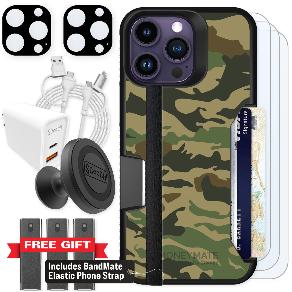 Scooch Moneymate Classic Camo for iPhone 14 Pro Max — Ultimate Bundle
