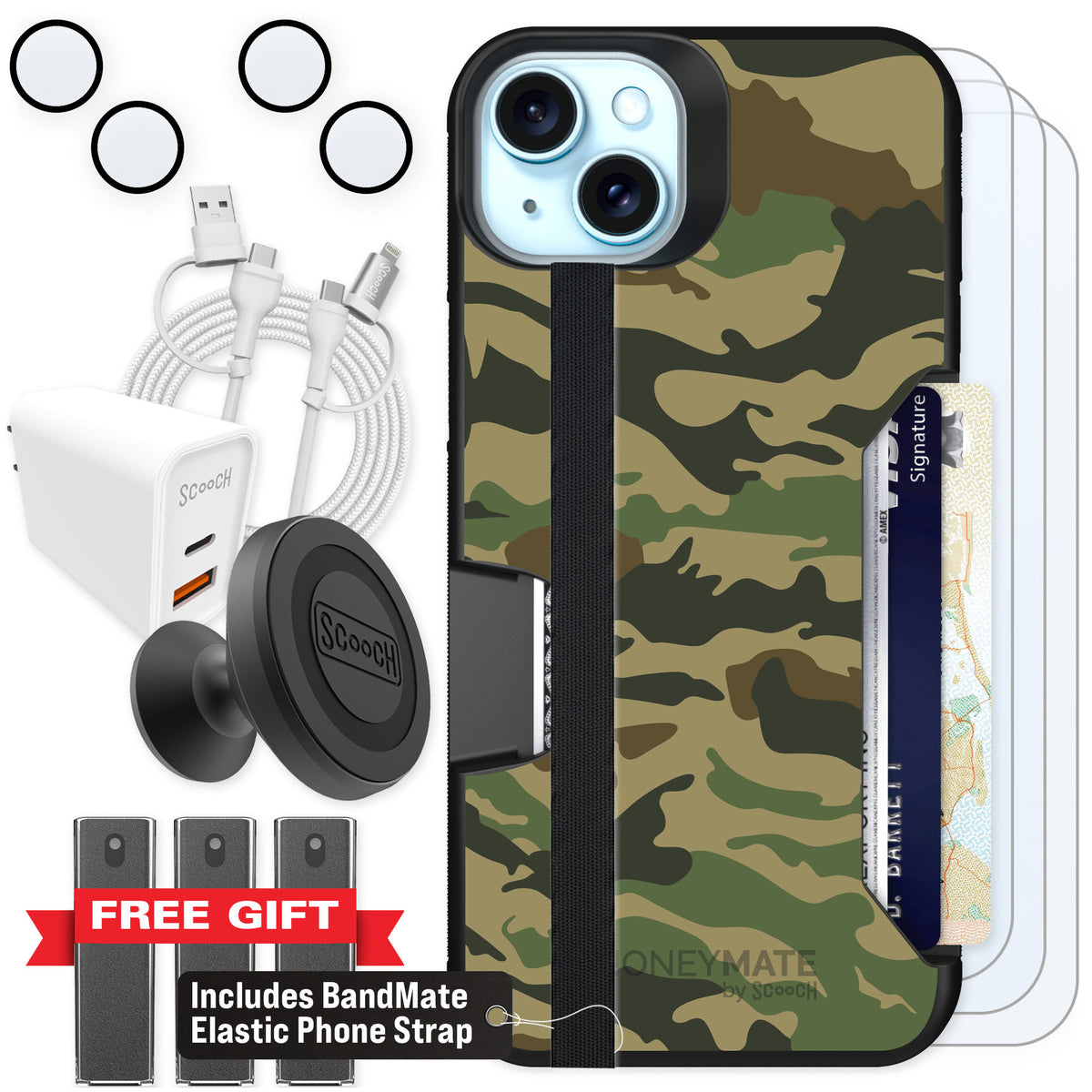 Scooch Moneymate Classic Camo for iPhone 14 Plus — Ultimate Bundle