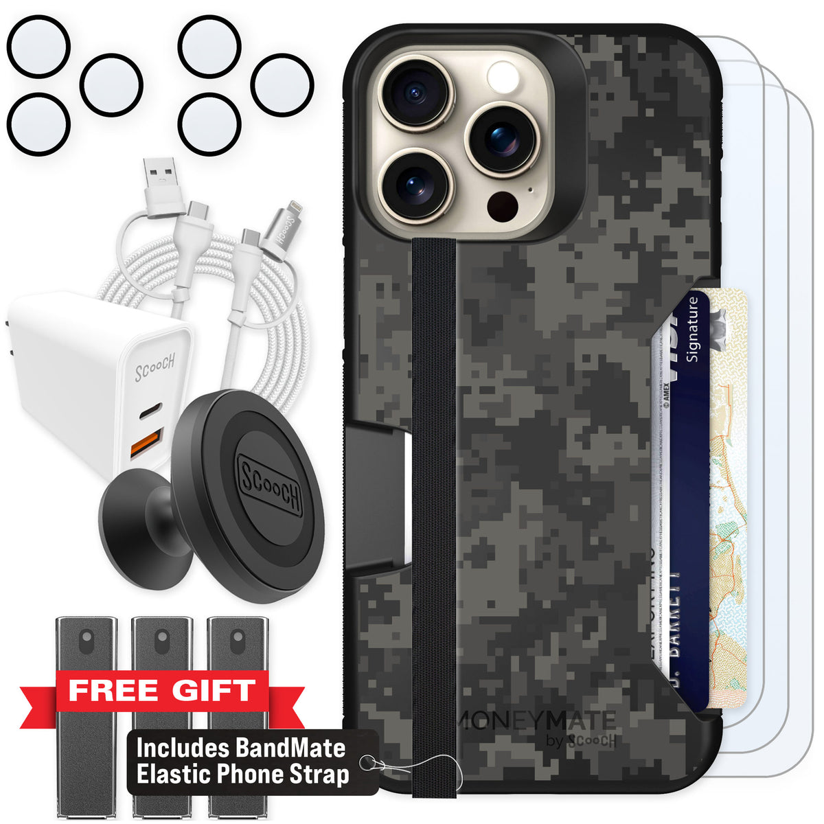 Scooch Moneymate Digi Camo for iPhone 15 Pro Max — Ultimate Bundle