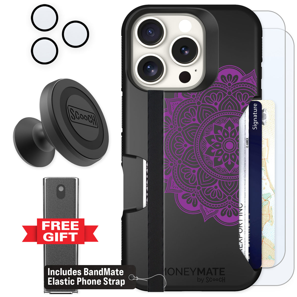 Scooch Moneymate Mandala Dreams for iPhone 16 Pro — Defender Bundle